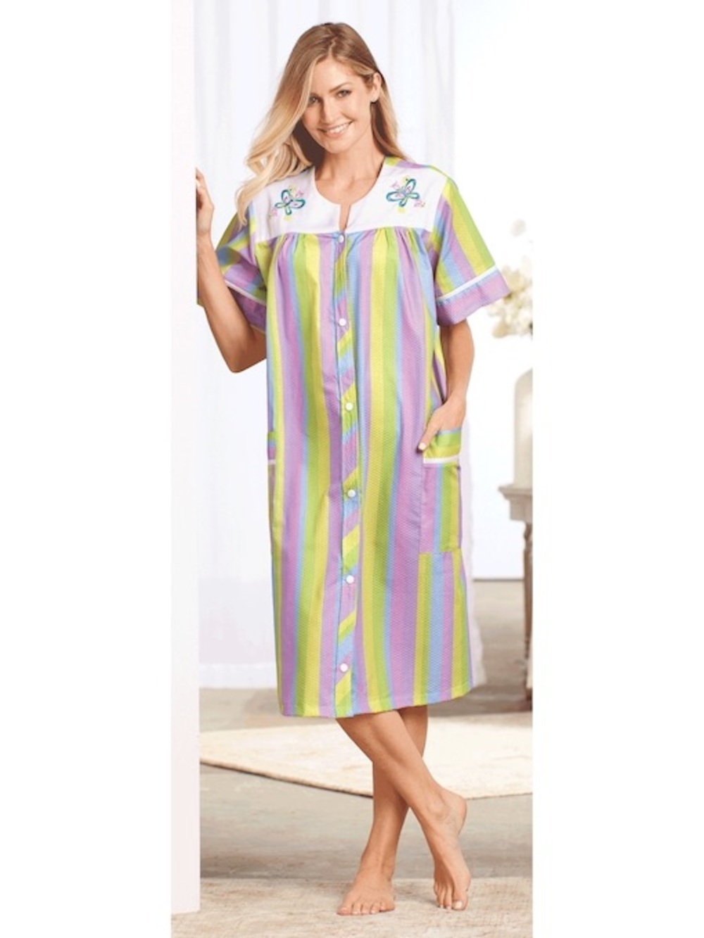 Essentials Pastel Stripe Button-Front Housecoat in Lavender, Lime & Pink